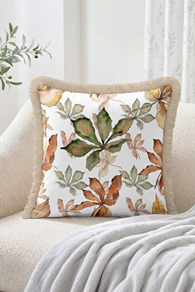 Realhomes Watercolor Leaves and Autumn Branches Pattern Fringed Throw Pillow ...