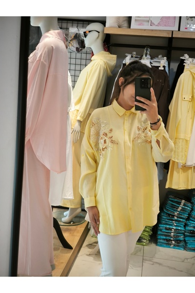 saloon collection Nakış İşlemeli Oversize Uzun Kollu Gömlek