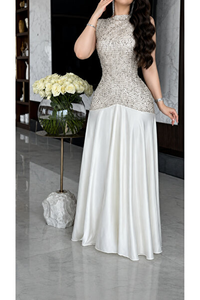 Nice Model Luxury Evening Dress with Beaded Bodice and White Satin Skirt