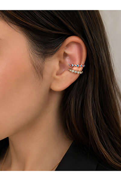 Alsem Store Gümüş Kaplama Nazar Boncuklu Taşlı Earcuff Küpe – Gold Kaplama Kı...