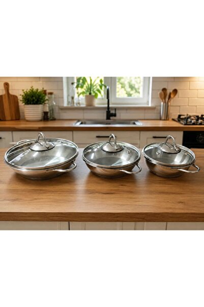 Akdeniz Steel Pan Set of 3 with Glass Lids 304 Steel Luxury 14-16-18 cm
