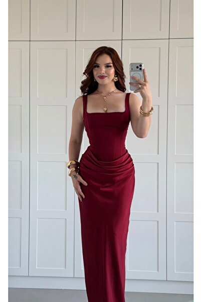 ayşenur Dinçer butik Sofia Drape Saten Uzun Elbise Bordo