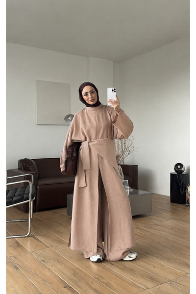 fera butik طقم نسائي من 3 قطع من الكتان بفتحات جانبية من سويفيا