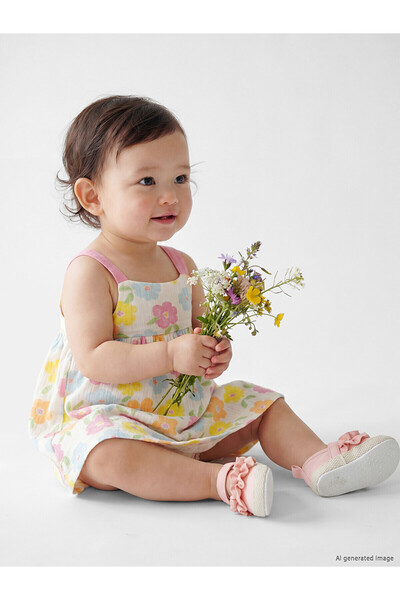 LC Waikiki Nevavm Square Collar Floral Patterned Baby Girl Dress with Difference