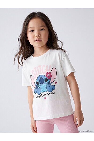 LC Waikiki Original Oval Collar Lilo & Stitch Printed Girls' T-Shirt