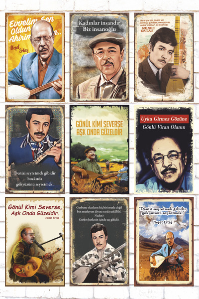 bin ler ce tablo 9 Parça Karışık Ahşap Tablo Seti halk müziği türkü neşet ert...