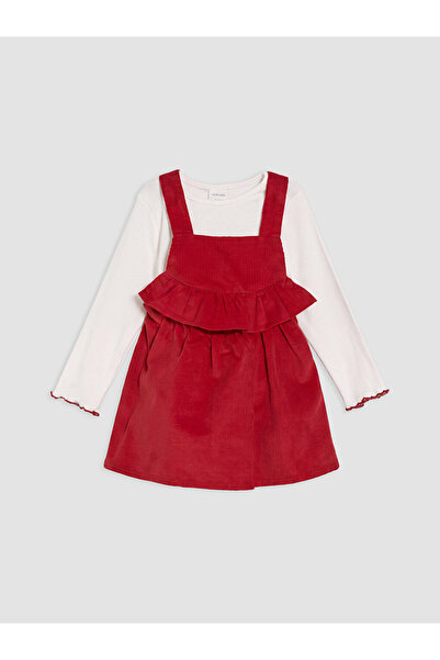 LC Waikiki Red Ruffled Baby Girl Velvet Salopet Set
