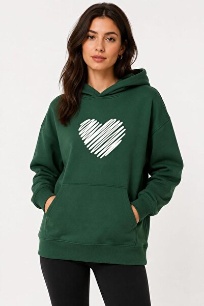 herkesemoda Red Heart Printed Hooded 2 Thread Raster Sweatshirt