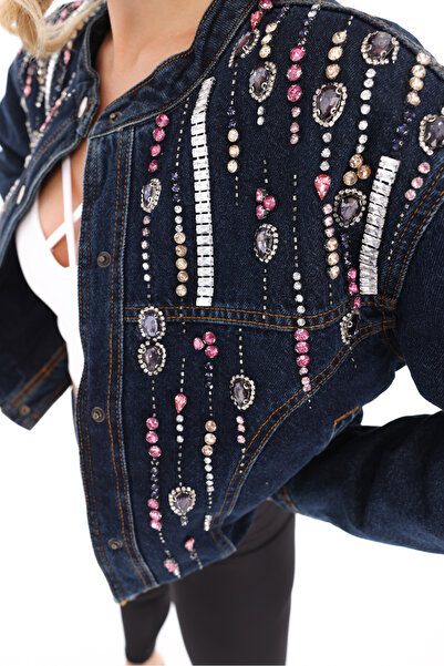 RENGARENG Women's Designer Denim Jacket with Colorful Stone and Chain Detail,...