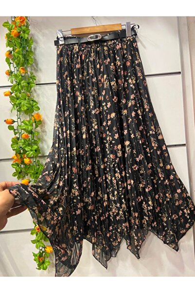 edu collection Patterned Asymmetrical Cut Chiffon Skirt with Strap Belt