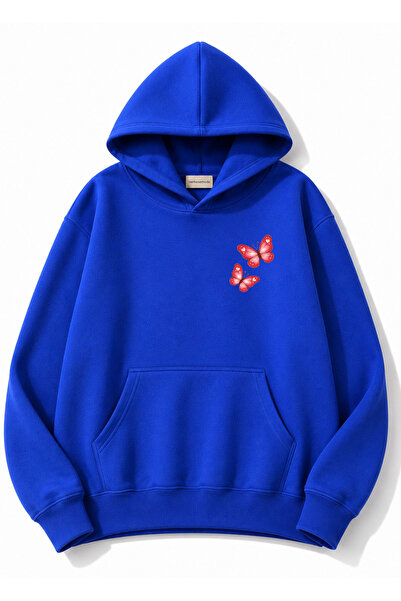 herkesemoda Butterfly Printed Hooded 2 Thread Threaded Sweatshirt