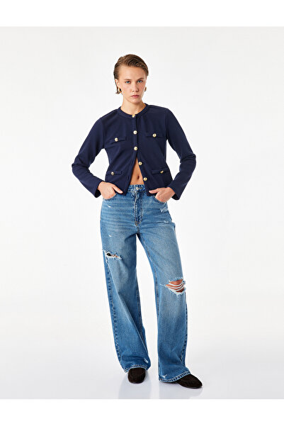 Koton Pique Fabric Appliqué Detailed Ornate Buttoned Long Sleeve Crew Neck Ca...