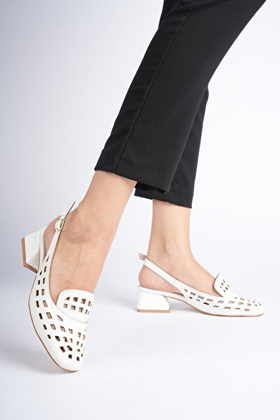 NOCTA SHOES حذاء نسائي فرنسي أبيض قصير بكعب سميك مفتوح من الخلف مقاس 4 سم