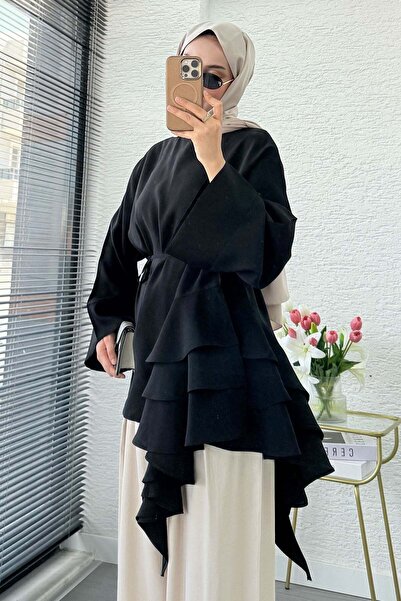 MELEK ARAZ Premium Side Ruffle Modal Blouse - Black