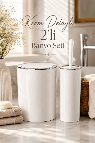 Store HGY Home 2'li Krom Detaylı Banyo Seti - Çöp Kovası ve WC Fırçalık Seti ...