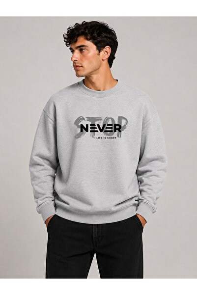herkesemoda Stop Never Detailed Crew Neck 2 Thread Sweatshirt