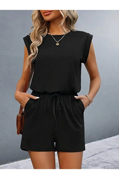 Veraura Lifestyle Women's Short Sleeve Padded Waist Tie Short Viscose Jumpsuit