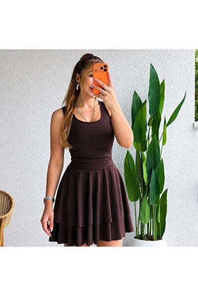 UFC 1985 TOP BRAND Women's Strappy Round Neck Ruffled Short Sandy Dress