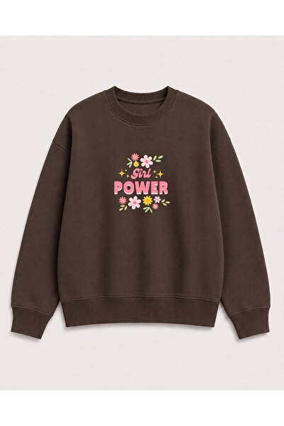 herkesemoda Power Girl Floral Print Detailed Shirred 2 Thread Crew Neck Sweat...