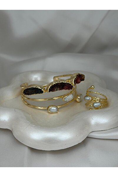 ZS Aksesuar Women's Gold Color Natural Stone and Real Pearl Detailed Handcuff...