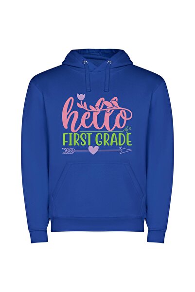 iLovePrints Vibrant Greeting: Hello 1st Grade! Φούτερ με κουκούλα σε χρώμα Μπλε