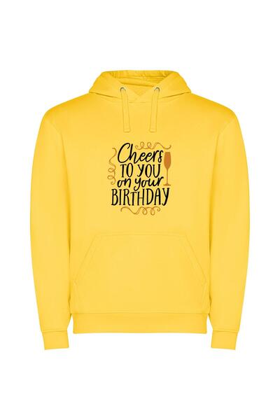 iLovePrints Cheers to Your Birthday! Φούτερ με κουκούλα σε χρώμα Κίτρινο
