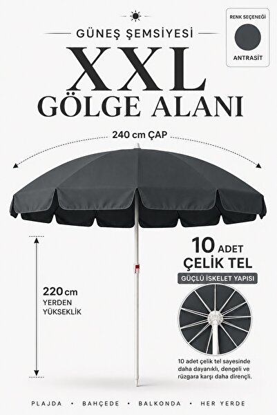 Düvenci Antrasit renk 240 çap/10 telli Bahçe, Güneş Şemsiyesi