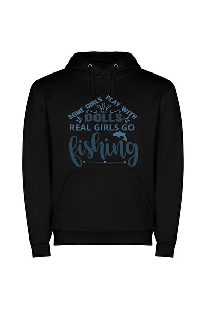 iLovePrints Fishing's Real Girls Adventure Φούτερ με κουκούλα σε χρώμα Μαύρο