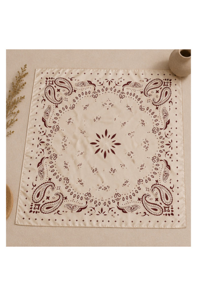 Bej- Bordro Renk Bandana Desenli Saten Fular / Bandana / Saç Eşarbı 70x70 cm