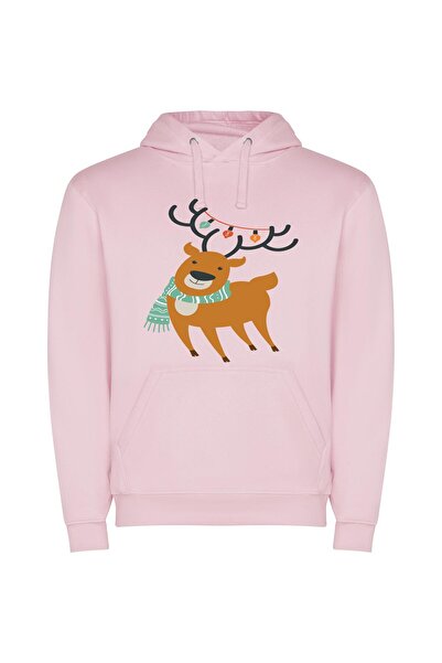 iLovePrints Fashionable Festive Deer Φούτερ με κουκούλα σε χρώμα Ροζ