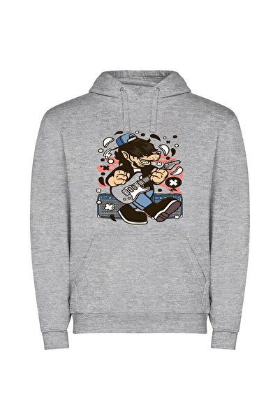 iLovePrints Electric Rockstar: Cartoon Edition Φούτερ με κουκούλα σε χρώμα Γκρι