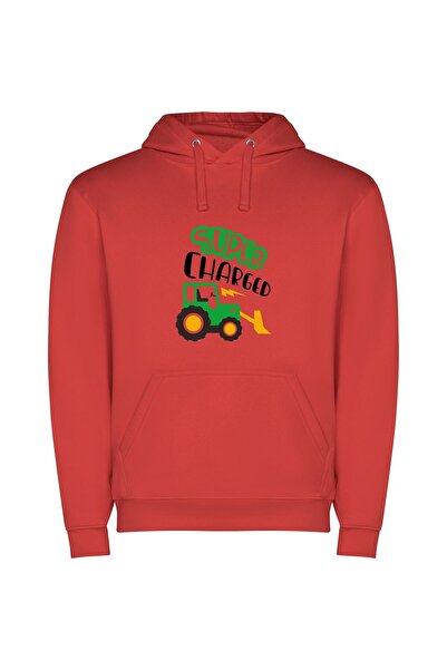 iLovePrints Supercharged Tractor Art Φούτερ με κουκούλα σε χρώμα Κόκκινο