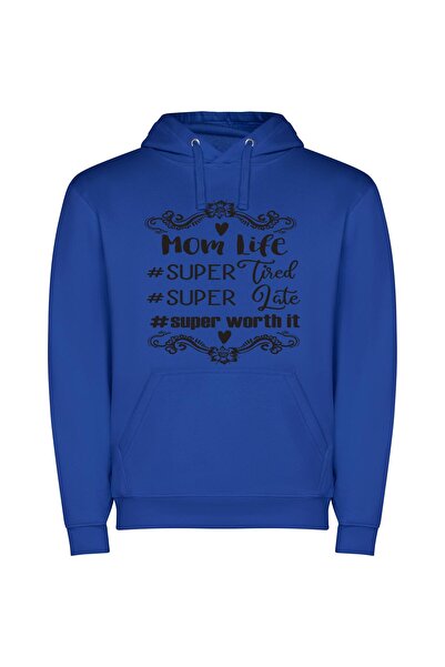 iLovePrints Super Mom, Street Chic Φούτερ με κουκούλα σε χρώμα Μπλε