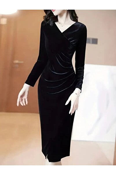 Modazun Women's Long Sleeve Double-Breasted Collared Side Gathered Front Cross Detailed Midi Velvet Dress