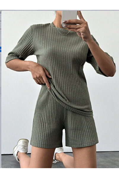 Simala Women Short Sleeve Crew Neck Camisole Blouse Shorts Two Piece Set