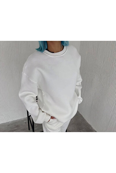 oniks store Winter Crew Neck Three Yarn Basic Sweatshirt - White