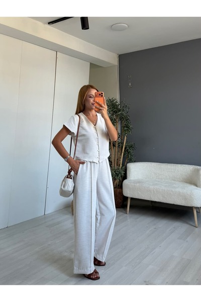 İrka Moda Keten Önden Düğmeli Yelekli Takım