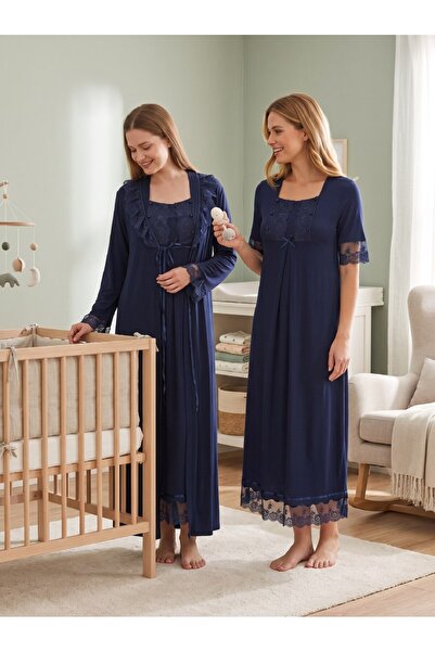 Lohussa New Season Navy Blue Short Sleeve Elegant Lace Detailed Design Button...