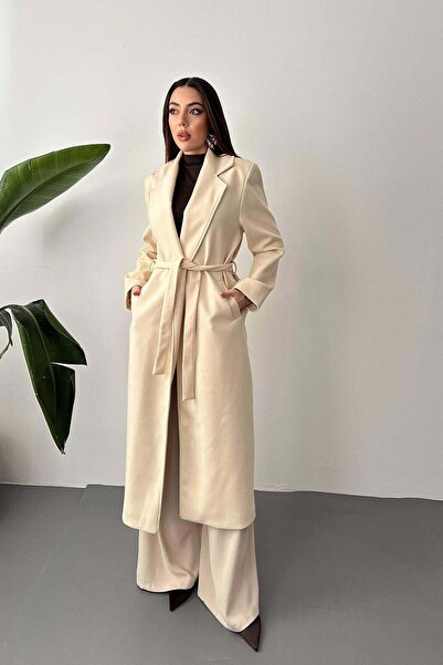 Moda Days Women's Beige Belted Midi Coat Jacket Lapel Pocket Long Sleeve Wove...