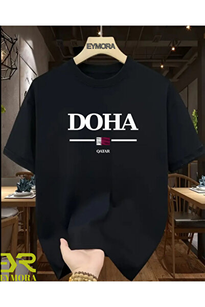 EYMORA Μαύρο μπλουζάκι Unisex με στάμπα της σημαίας του Κατάρ της Ντόχα, με θ...