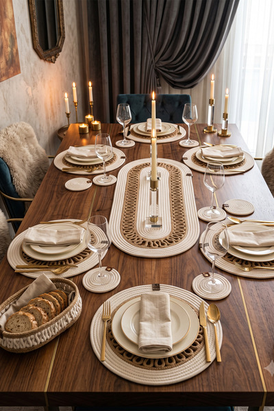 Villadia Home Textile 14 Piece Jute Knitted 6-Person Supla Runner Table Set with Coasters and Basket