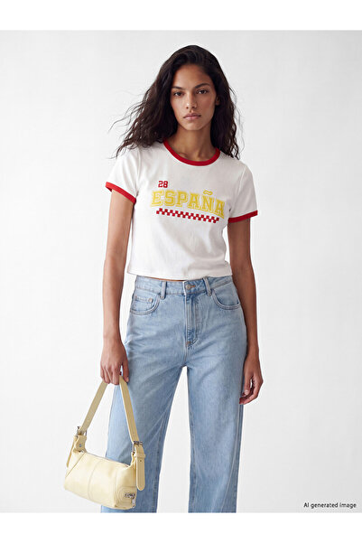 LC Waikiki White Crew Neck Printed Women's Crop