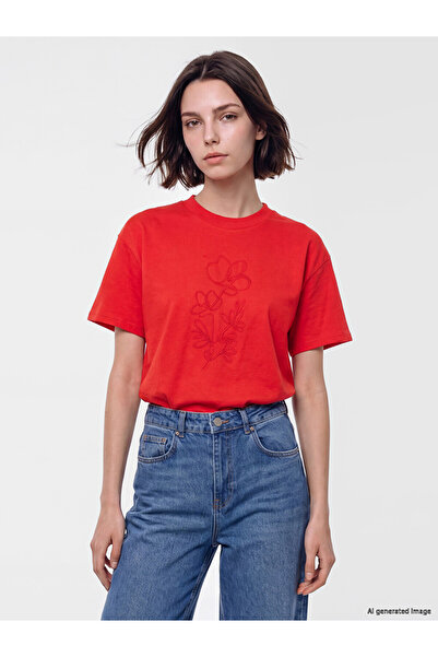 LC Waikiki Red Embroidered Cotton Women's T-Shirt