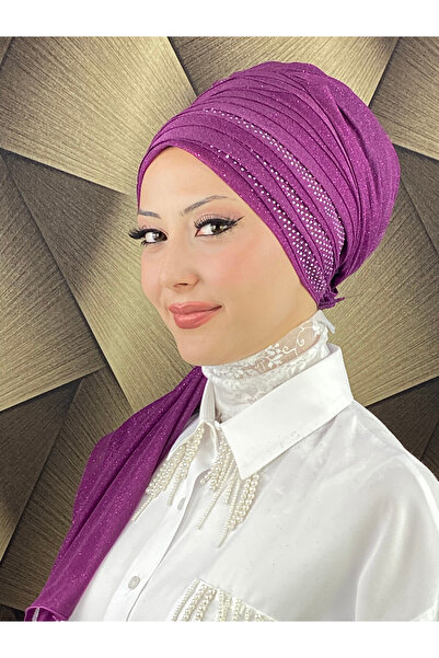 MY UKİYO STORE YELPAZE MODEL TESETTÜR TAŞ BASKILI DRAPELİ SİMLİ ABİYE BONE ŞAL