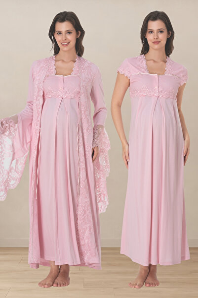 Generic Brand Lace Detailed Maternity Dressing Gown Set - Cotton Nightgown Se...