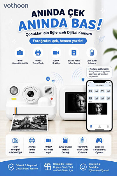 Vothoon Çocuk Anında Baskılı Fotoğraf Makinesi 16MP Dijital Kamera 1080P Vide...