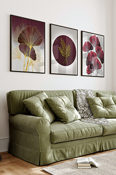 kutuTR Çam Ahşap Çerçeveli 3’lü MDF Tablo Seti – Bordo Gold Yaprak Desenli – ...