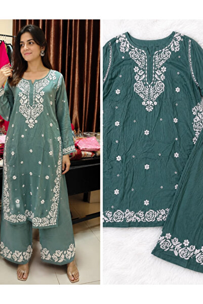 MYSMAR Sage Green Lucknowi Chikankari Muslin Kurta Set - CHK1008 | Sage Green...