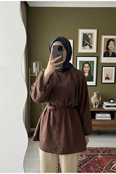 miremiran قميص تونيك بأكمام بالون كبيرة الحجم، مزود بحزام عند الخصر وسحاب عند...