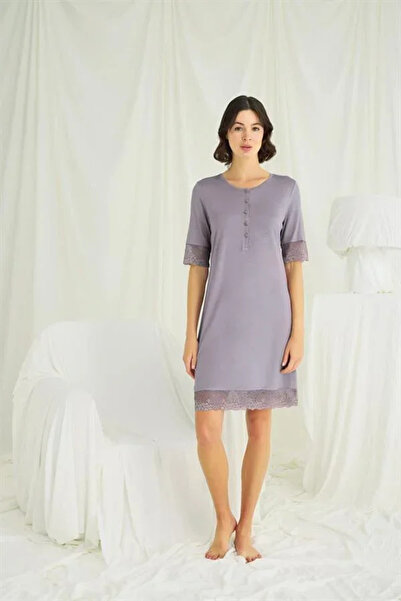 SS HOME CONCEPT Lace Detailed Short Sleeve and Button Front Nightgown